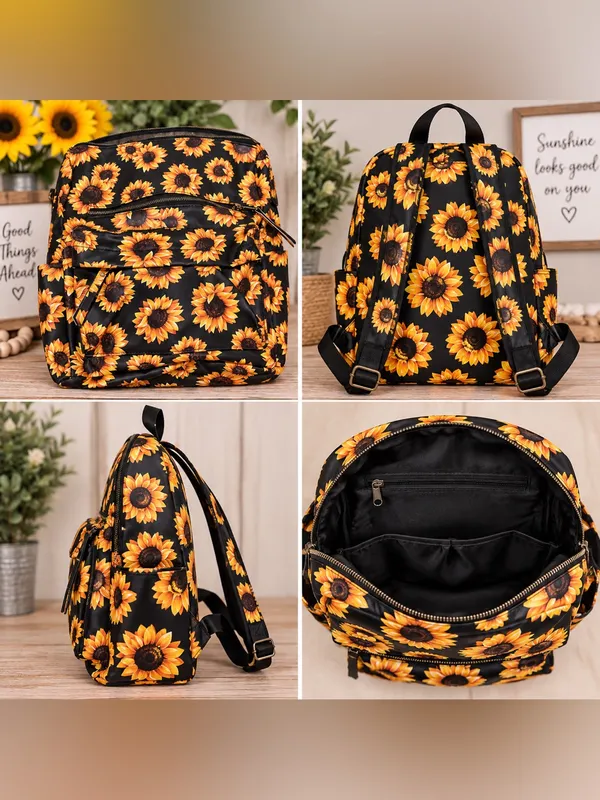 Sunflower Print Black Backpack - Floral Women's Bag - Image 2
