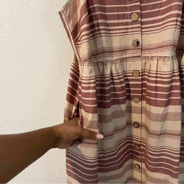Indya Earthen Striped‎ Cotton Button Down Maxi Dress Boho NWT Size M Red Size M - Image 5