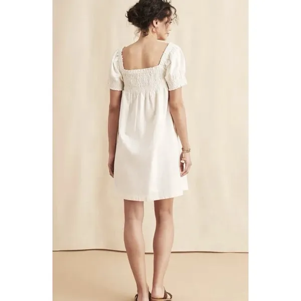 NWT $178 Faherty Organic Cotton Smocked‎ Short Sleeve Ramona Dress White Medium - Image 2