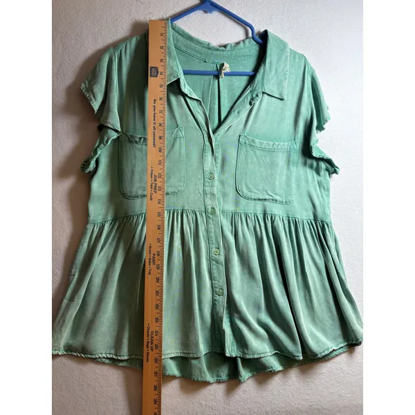 Sodifl Women Green Mineral Wash Babydoll Button Down Peplum Blouse Large - Image 6