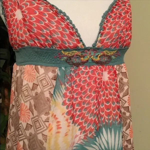 Anthropologie Lulumarie Pink & Blue Boho Print Adjustable Spaghetti Strap Tank Top M - Image 3