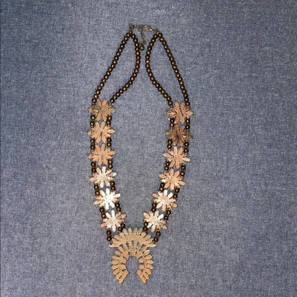 Squash Blossom Style necklace with real stone and bronze colored setting Brown - Image 6