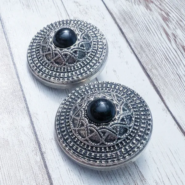 Vintage Clip On Earrings Statement Large Ornate Silver Tone with Black Center - Image 4