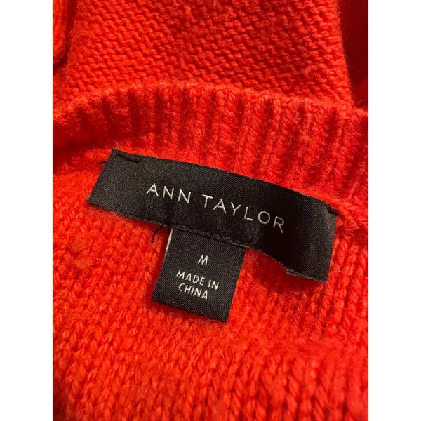 Ann Taylor Sweater Red Cable Knit Puff Sleeve Wool Blend Classic Cherry Size M - Image 5