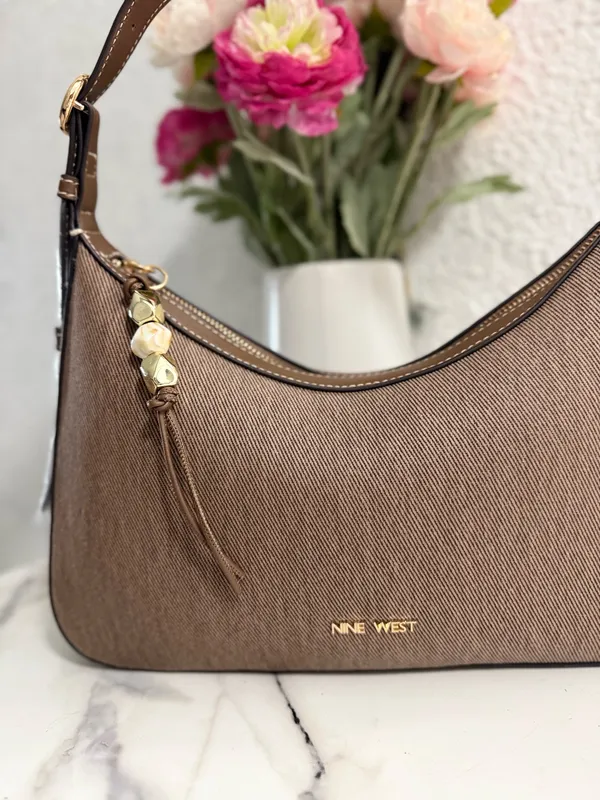 Nine West Brown Canvas Hobo Shoulder Bag with Tassel Charm - Image 3