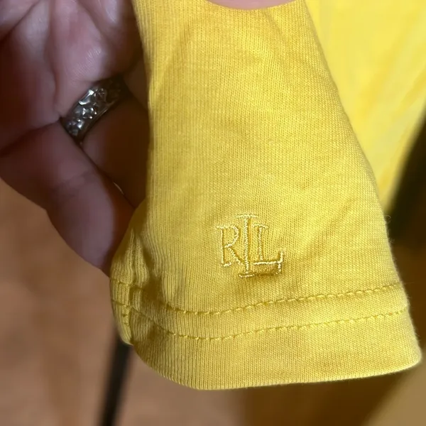 Lauren Ralph Lauren Yellow Boat Neck Top Size Small Cotton LRL Logo Elbow Sleeve - Image 3