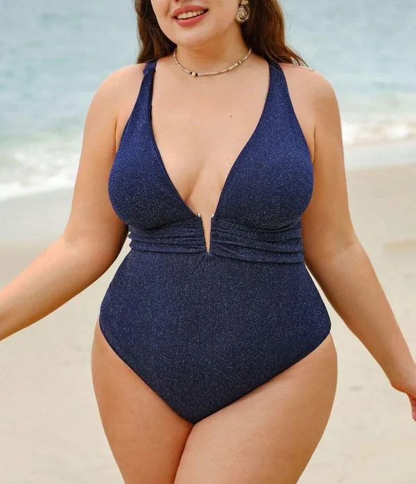 Berlook Plus Size Blue V Neck Plus Size One-Piece Swimsuit - Image 3