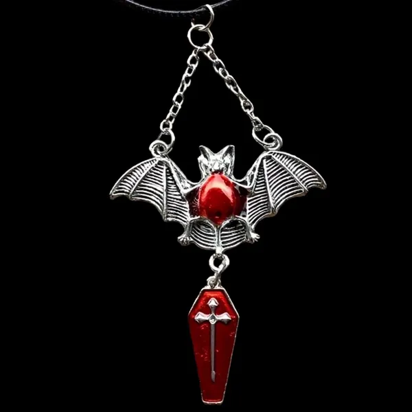 1pc‎ Red Bat & Coffin Gothic Bohemian Style Black Rope Necklace - Image 3