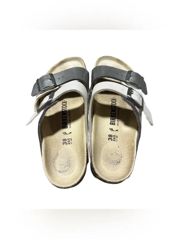 Birkenstock Arizona Split Sandals Women's 38 Leather Two Toned White Silver - Image 5