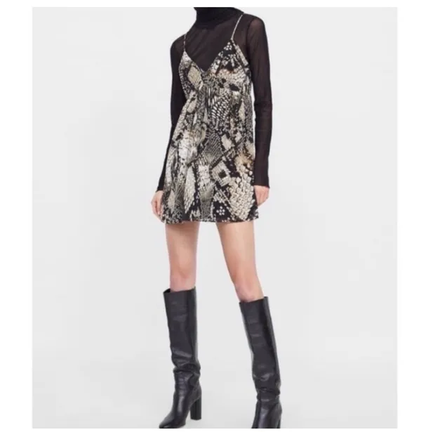🖤 ZARA Woman Snakeskin Print Mini Dress Tie Back Adjustable Straps Sz XS🖤 - Image 4