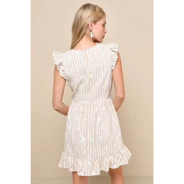 Lulus Sunny Crush NWT M Beige Ivory Striped Embroidered Ruffle Mini Dress Boho - Image 2