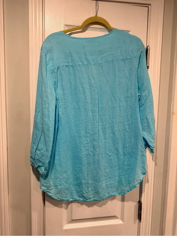 JM Collection Size 14 Aqua Blue Linen Button Down Collarless Beachy Tunic Top - Image 7