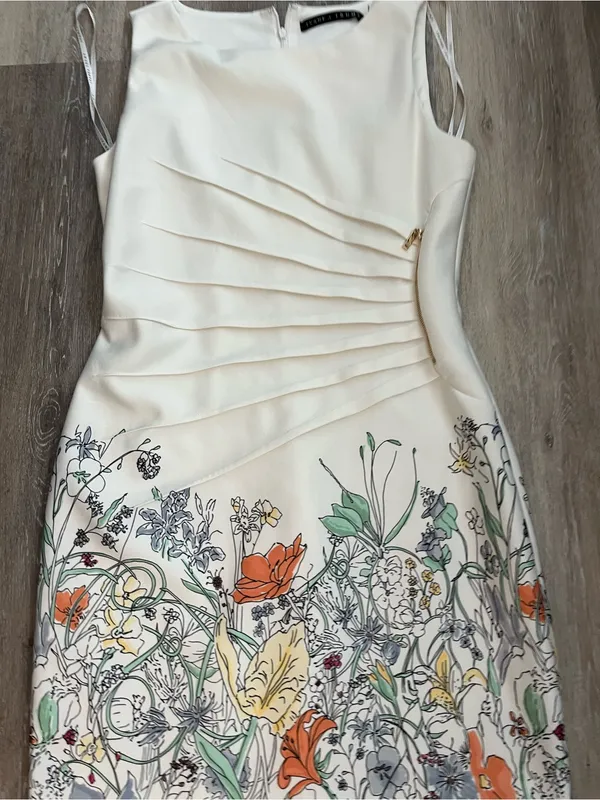 Ivanka Trump Floral Sheath Dress Womens Size 14 Ivory Sleeveless Gold Zipper - Image 4
