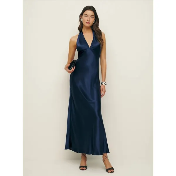 Reformation Daniela Silk Maxi Dress Navy Blue size 4 C0 - Image 10