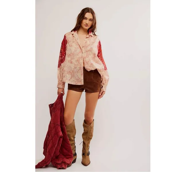 Free People Western Bohemian Dainty Rose Bud Button Down Blouse Shirt Large - Image 2