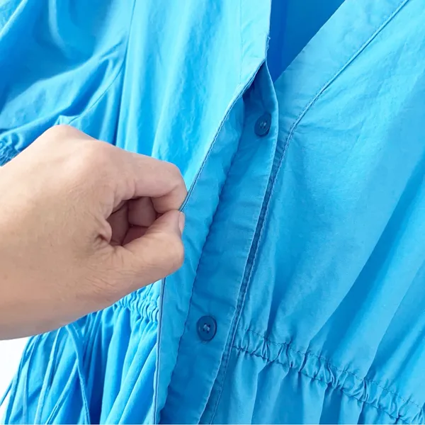 English Factory Ocean Blue Button Down Puff Sleeve Tiered Midi Dress - Image 7