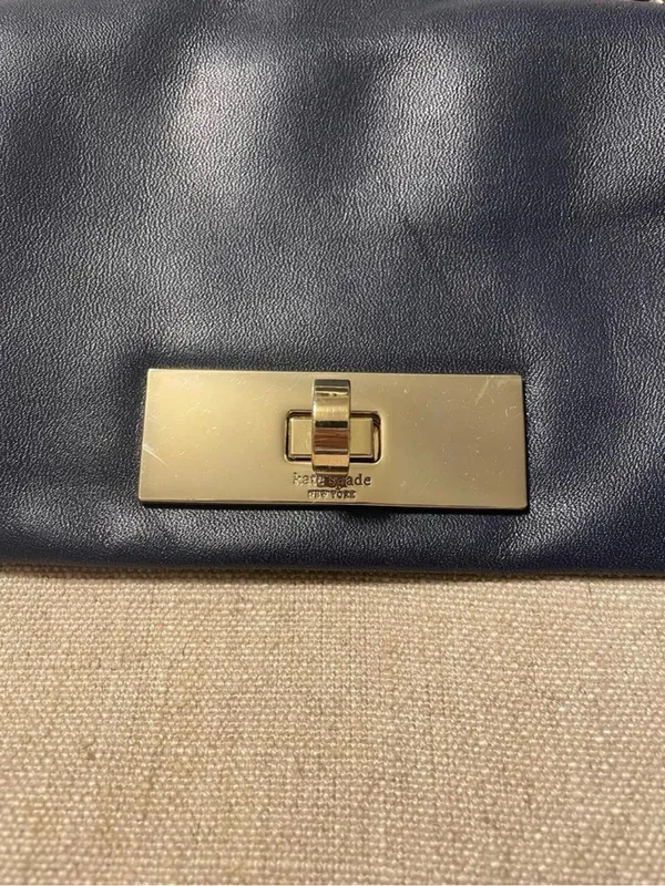 Kate‎ Spade Dark Navy Beige Fabric Crossbody Bag Gold Chain - Image 2