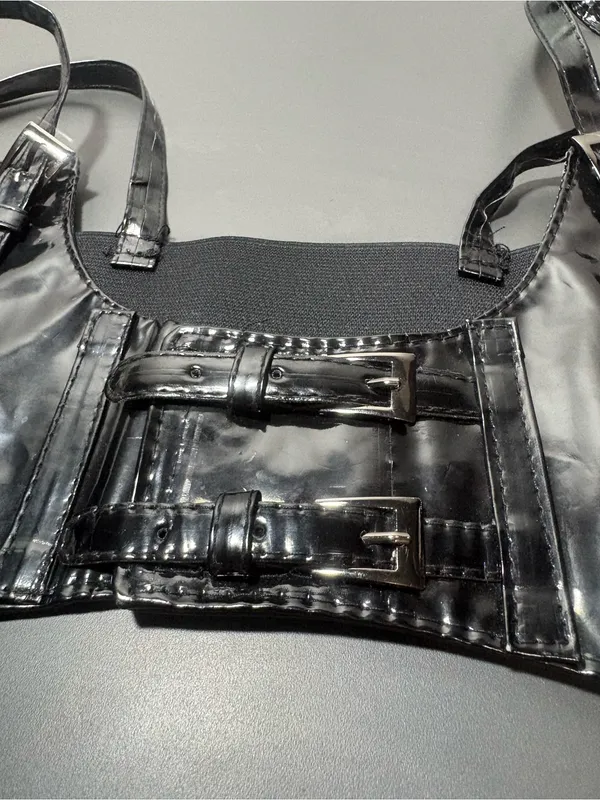 Black Patent Faux-Leather Corset Buckle Harness Belt - Image 4