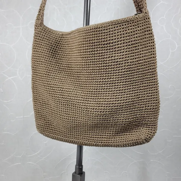 Vintage Sak Crochet Shoulder Bag 10" Dark Tan Nylon Ladies Handbag Pockets - Image 11
