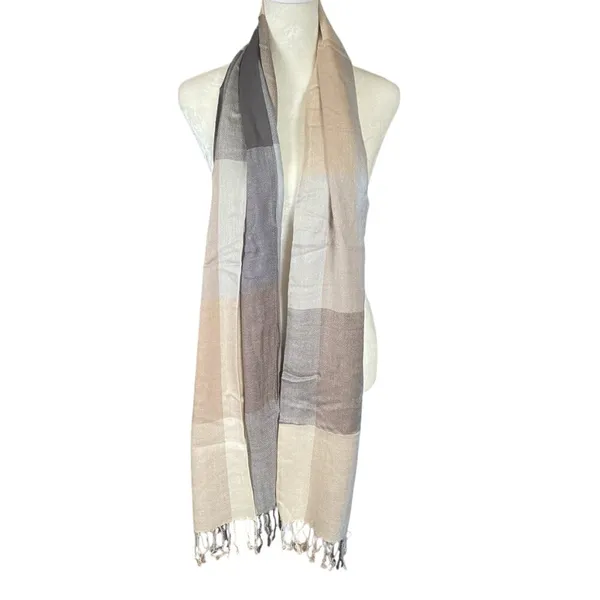 Neutral colored women's rectangle scarf wrap shawl with fringed edges - Image 6