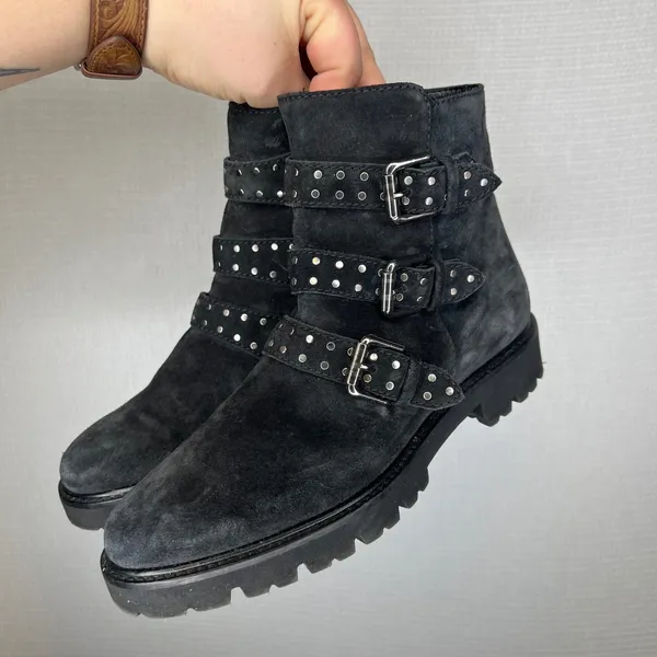 M.Gemi Black‎ Suede Studded Triple Buckle Moto Boots Made in Italy Size 38 - Image 3