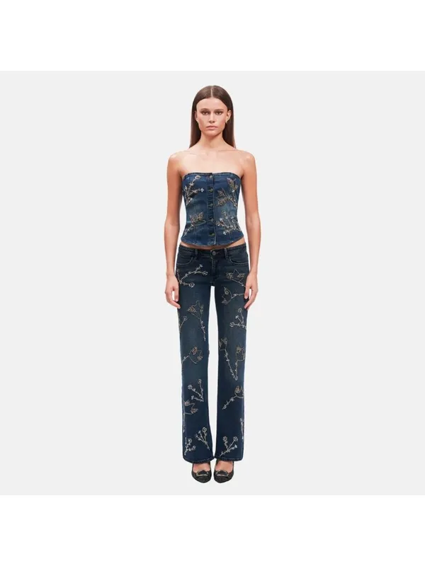OW Collection Nova Embellished Denim Matching Set Blue Womens Size 36 Small - Image 10