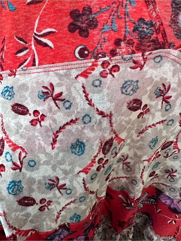 Free People Red and Cream Floral Patchwork V-Neck Tunic - Image 6