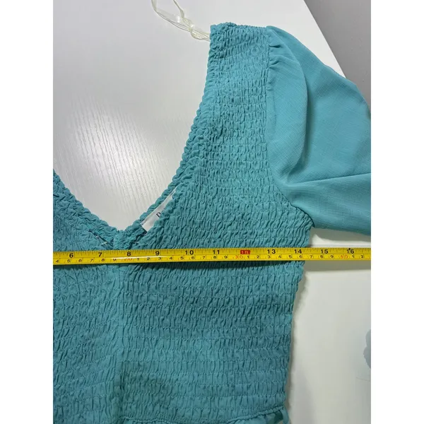 Reign The Label Teal Smocked V-Neck‎ Balloon Sleeve Crop Top Small Blue Boho - Image 4