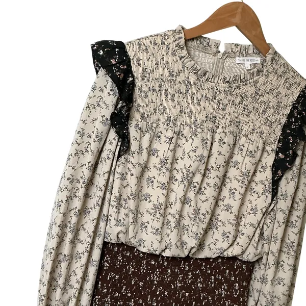 Free The Roses Floral Ruffle Mini Dress Smocked High Neck Tiered Brown Cream S‎ - Image 4