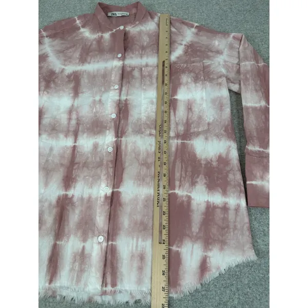 Zara Oversized XS Top Pink‎ White Tie Dye Button Down Long Sleeve Frayed Hem - Image 7