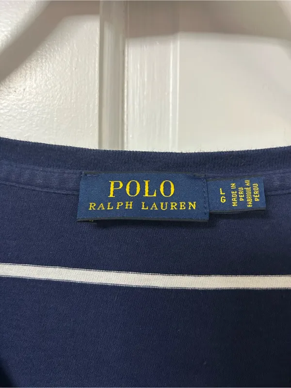 Polo by Ralph Lauren Navy and White Striped V-Neck Tee with Red Pony - Image 3