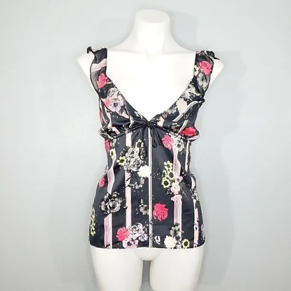 Victoria's Secret Floral Stripe Ruffle Cami Tie Front Satin Camisole Lingerie L - Image 2