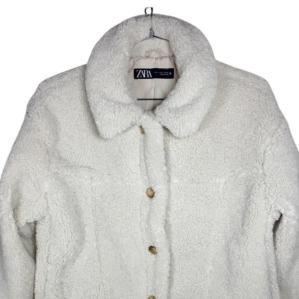 Zara Cream Faux Shearling Teddy Jacket Button Front Collared Off White Medium - Image 2