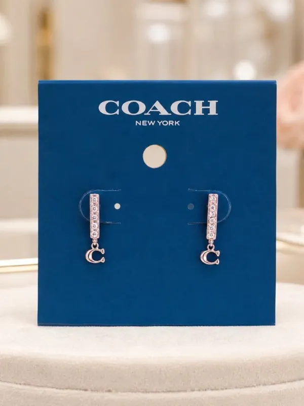 Coach Rose Gold Pavé Bar Stud Earrings C Logo Drop NWT - Image 3