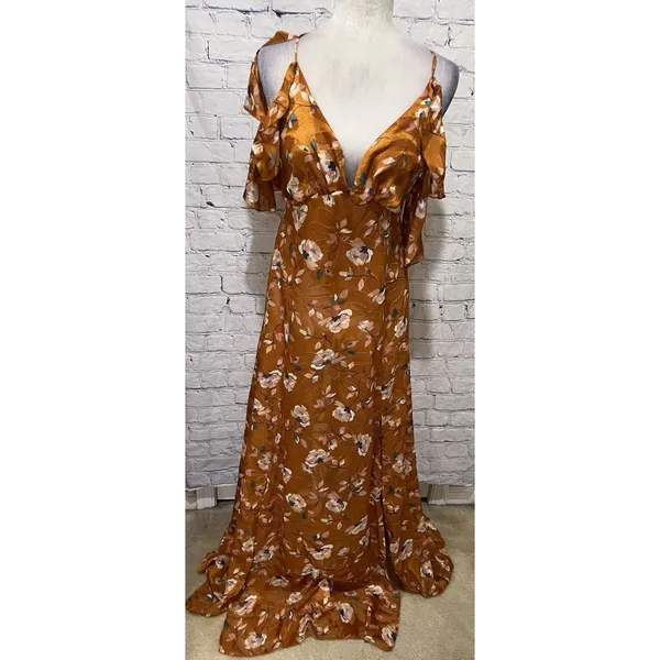 NWT Lulus Abundant Happiness Rust Orange Floral Print Jacquard Maxi Dress Medium - Image 2