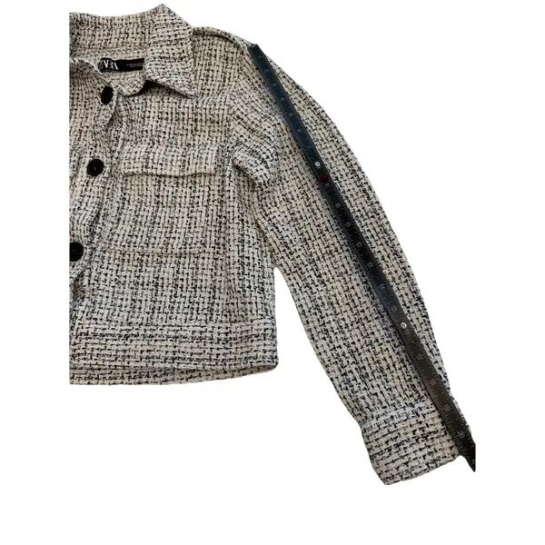 Zara Women's Black/White Tweed Pattern Button Front Collared Pocket Jacket, XS - Image 14