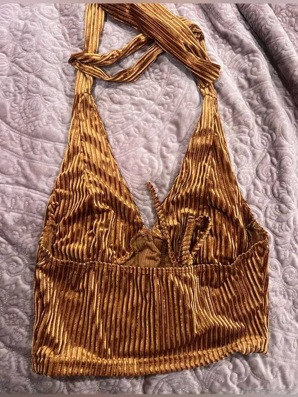 Velvet stripe Halter Lace-Up Crop Top in Bronze - Image 2