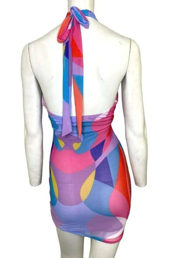 Hot & Delicious Geometric Cutout Halter Ruched Mini Dress Purple Size Large NWT - Image 2