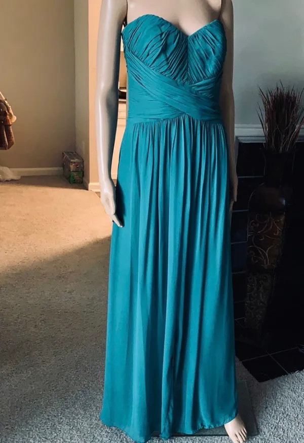 Dessy collection by Vivian Diamond Strapless Teal Chiffon Evening Dress - Image 3