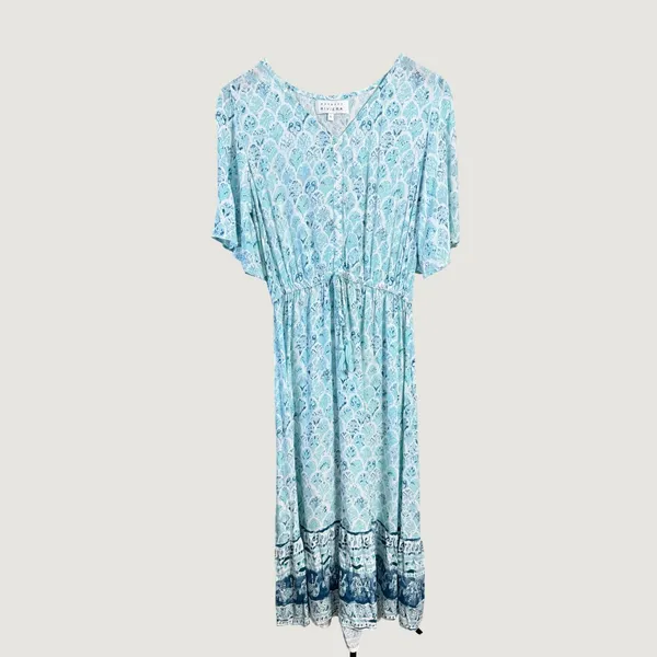 Margaux Riviera Blue White Print Viscose Maxi Dress Flutter Sleeve Size L - Image 2