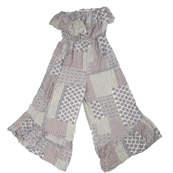 ILLA ILLA Patchwork Jumpsuit Womens L Blue Boho Off Shoulder Wide Leg Rayon - Image 5