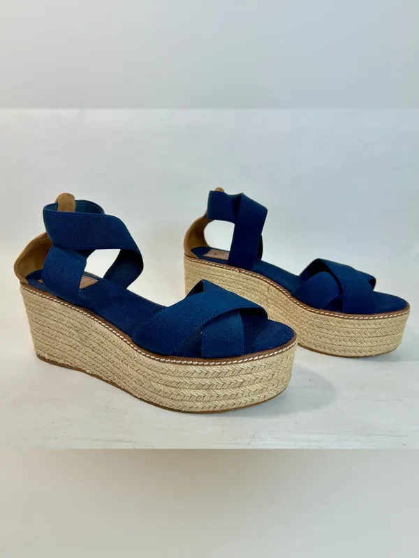 Tory Burch Frieda Espadrille Wedge Sandals in Navy Blue and Tan size 9 - Image 2