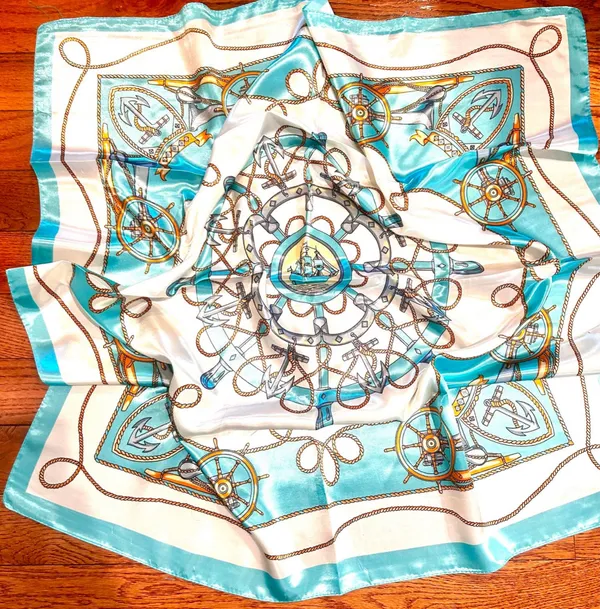 Vintage Square Sailing BOAT,WHEEL&Anchor 35/35 Oversized TEAL satin Silky SCARF - Image 2