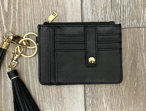 Black Leather Faux (?) ID Cards Wallet Key Fob Tassel Accent Wristlet Strap - Image 4