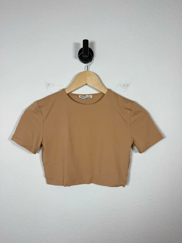 Zara Cropped Fitted Short Sleeve Tee Tan Stretch Top Size M - Image 3