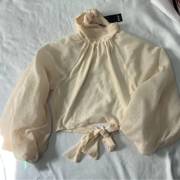 nasty gal glass fabric high neck tie back blouse cream French romance - Image 6