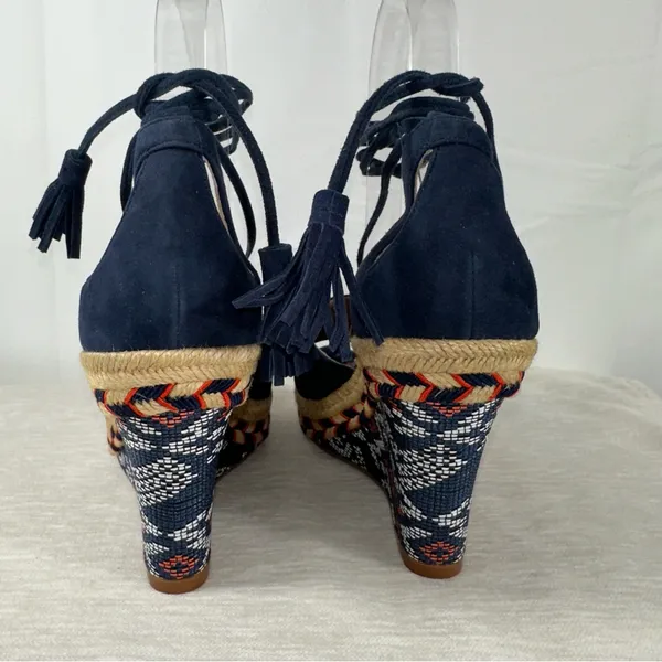 Cabi 6001 Women's US 6 Medium Navy Isla Wedge Ikat Suede Ankle Tie Sandals - Image 6
