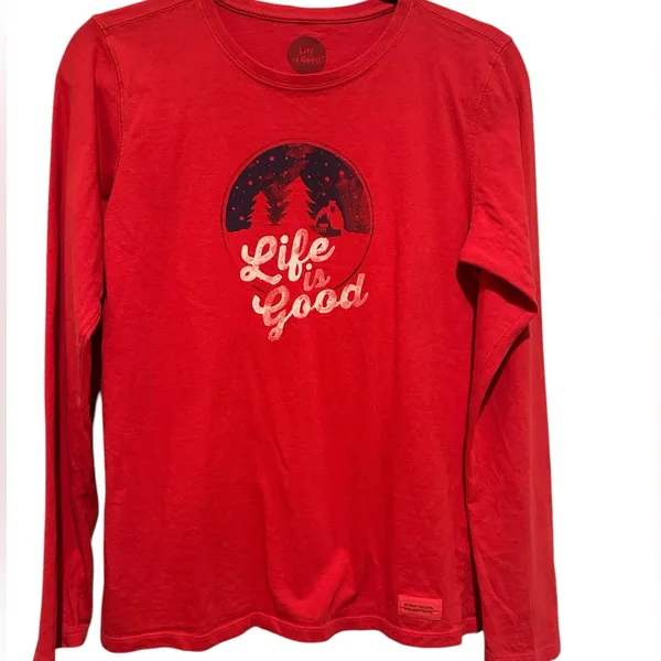 Life is Good Women’s Red Long Sleeve Old Fashioned Holiday Xmas Tree Shirt S - Image 2