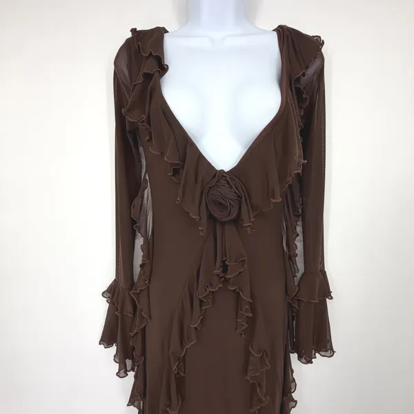 Chocolate Brown Mesh Ruffle Maxi Dress Bell Sleeve Fairy Grunge Y2K - Image 3