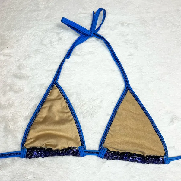 Royal Blue Sequin Triangle String Bikini Top Size Small - Image 6